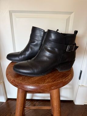 Vince Camuto Black Leather Ankle Booties with Side Buckle Detail